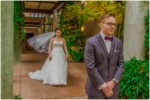 bride & groom first look veil blowing