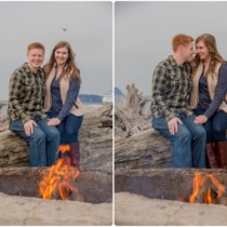 couple sitting by a beach fire in mukilteo