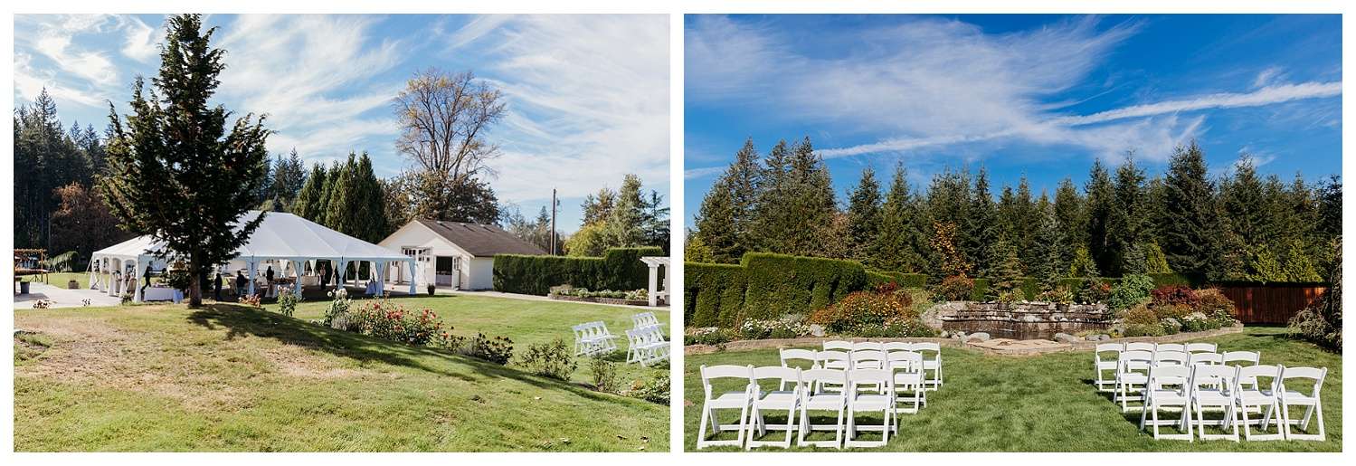 Outdoor wedding ceremony setup at Nature’s Connection in Arlington, Washington, featuring rows of white chairs arranged on a green lawn facing a tranquil rock waterfall, surrounded by vibrant fall foliage and tall evergreens under a bright blue sky.