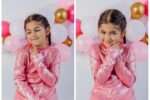 "Six-year-old girl named Sky poses in front of a festive pink, white, and gold balloon backdrop wearing a sparkly pink dress. She smiles sweetly with playful expressions, celebrating her birthday during a portrait session."