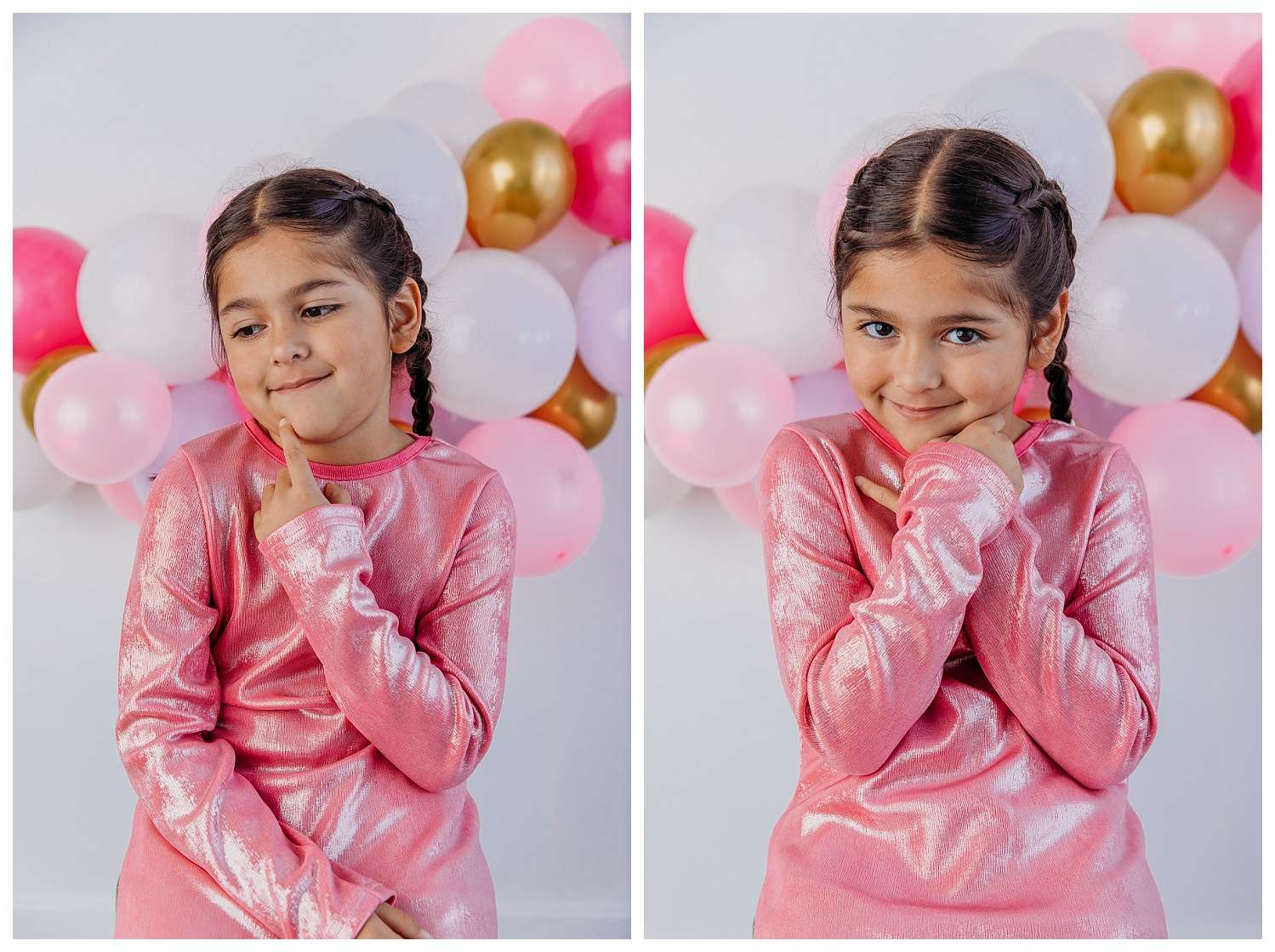"Six-year-old girl named Sky poses in front of a festive pink, white, and gold balloon backdrop wearing a sparkly pink dress. She smiles sweetly with playful expressions, celebrating her birthday during a portrait session."